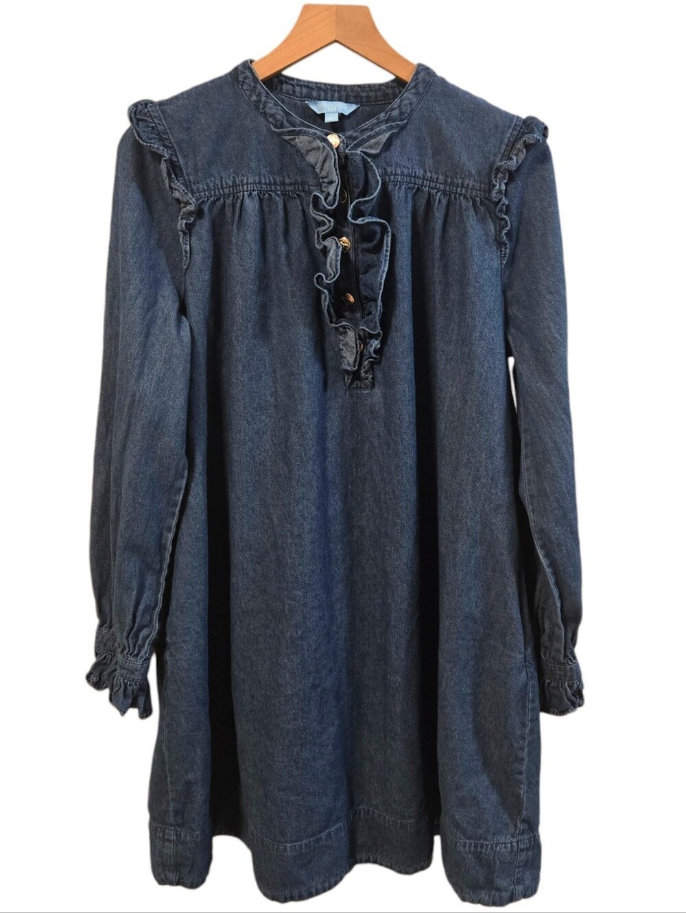Draper James Chambray Cotton Long Sleeve Ruffle Front Mini Prairie Dress Large - Picture 2 of 8